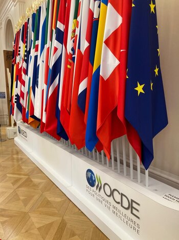 Die Flaggen der OECD-Mitgliedsländer im Hauptquartier der internationalen Organisation in Paris.