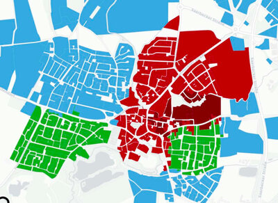Das Potenzialgebiet im ersten Schritt des geplanten Wärmenetzes umfasst den Ortskern (rot). Grün dargestellt sind die späteren Potenzialgebiete.
