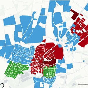 Die rot dargestellten Flächen mit einen großen Teil des Ortskerns weist die kommunale Wärmeplanung als Wärmenetzgebiete bis zum Jahr 2030 aus und damit als mögliche erste Tätigkeitsfelder einer Wärmegenossenschaft. Grün steht für Prüfgebiet, blau für dezentrale Versorgung.