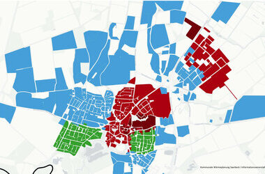 Die rot dargestellten Flächen mit einen großen Teil des Ortskerns weist die kommunale Wärmeplanung als Wärmenetzgebiete bis zum Jahr 2030 aus und damit als mögliche erste Tätigkeitsfelder einer Wärmegenossenschaft. Grün steht für Prüfgebiet, blau für dezentrale Versorgung.